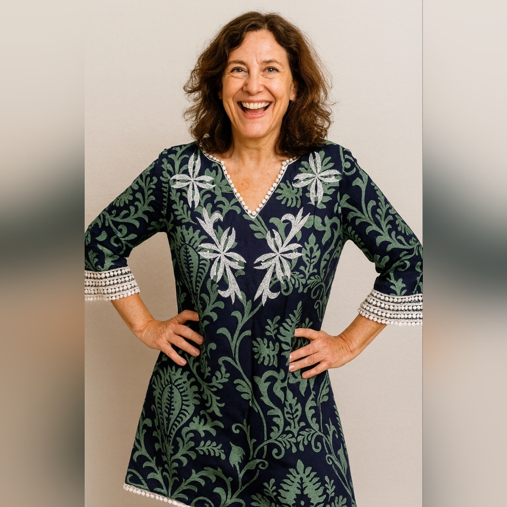 Almatrichi Navy and Green Floral Tunic Women Dress Size 12